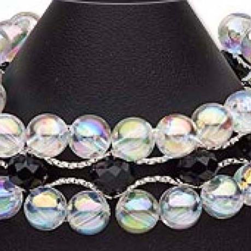 BRACELET, 3 ROWS, GLASS/ACRYLIC/SILVER TONE, AURORA BOREALIS BEADS, BLACK FACETE